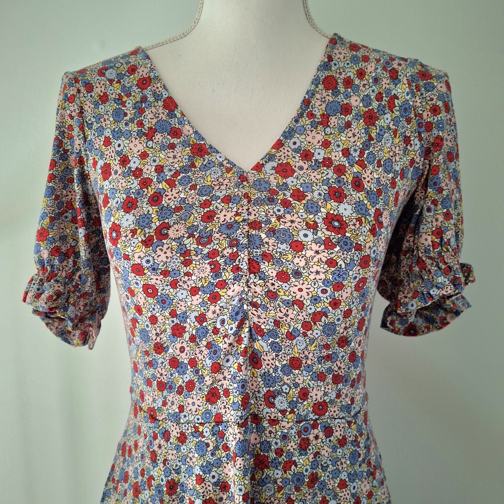 Boden Pullover Mini Dress Riviera Blue Floret Floral VNeck Red Blue Pink Size 2P